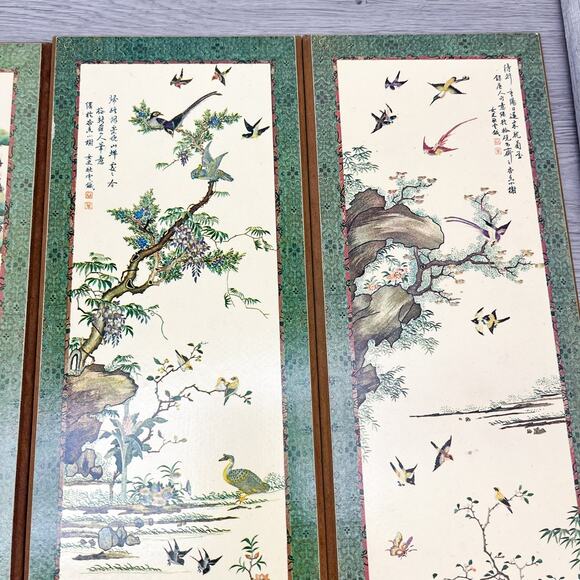 4 Large Mid Century Wood Panels Asian Birds Prints Evangeline Paint 1963 15 x 5" - Picture 3 of 9